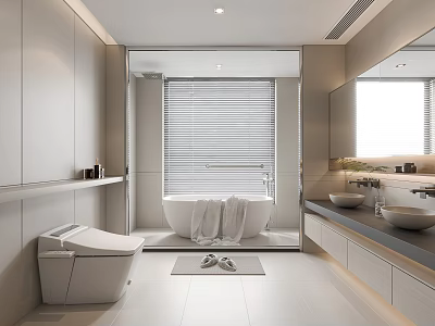Modern Bathroom Interior Design With Bathtub Towels Toilet Vanity Mirror And Window Blinds 3d model