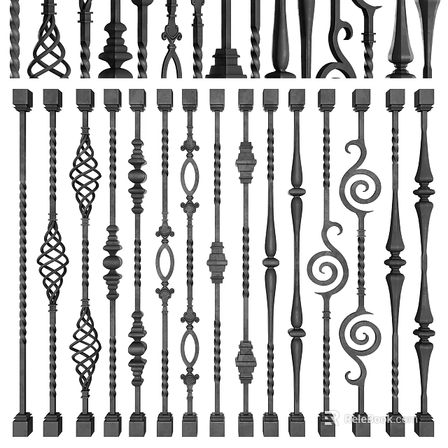 Ornate Metal Rail Baluster Designs with Spiral Patterns and Decorative Details 3d model 