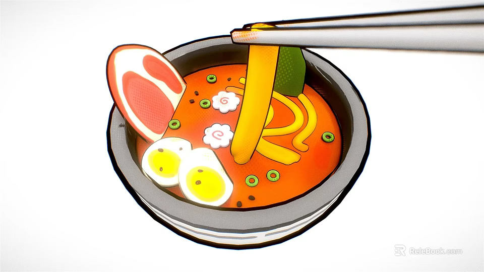 Delicious Ramen Bowl With Soft Boiled Eggs Sliced Meat Vegetables And Chopsticks Holding Noodles 3d model 