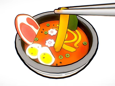 Delicious Ramen Bowl With Soft Boiled Eggs Sliced Meat Vegetables And Chopsticks Holding Noodles 3d model