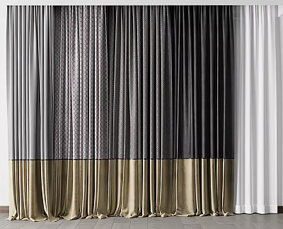 Elegant Curtains Display With Gray Black White Gold Colors And Soft Textured Fabric 3d model