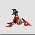 Witch Riding Broomstick With Red Glowing Orb Red Top Black Skirt White Stockings