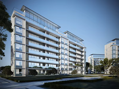 Modern Residential Building Exterior With Glass Facade Balconies And Green Surroundings 3d model