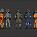 Multiple Sci Fi Character Designs With Orange Blue Grey Uniforms And Helmets 3d model