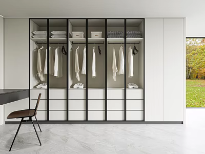 Modern Walk in Closet Interior Design With Hanging Rods Drawers And Open Cabinets 3d model