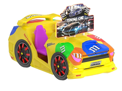 Kids Yellow Toy Racing Car With Purple Seat Colorful Patterns And Black Red Wheels 3d model