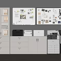 Organized Office Workspace With White Filing Cabinets Shelves Folders Whiteboards And Printers