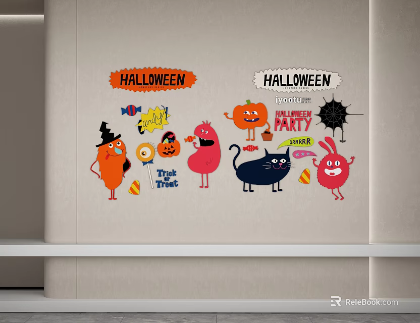 Halloween Themed Wall Decor With Cartoon Pumpkin Black Cat Rabbit And Candy 3d model 