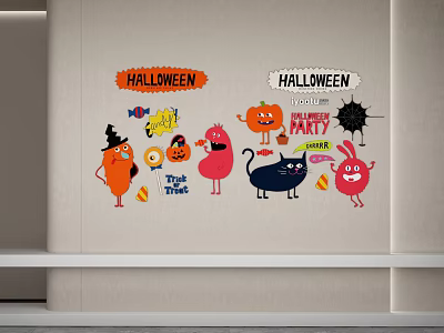 Halloween Themed Wall Decor With Cartoon Pumpkin Black Cat Rabbit And Candy 3d model