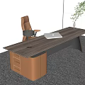 Modern Office Desk With Wooden Tabletop Orange Office Chair Laptop Drawer Cabinet And Green Plant
