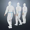 Woman In White Protective Suit With Blue Stripes And Face Shield Standing