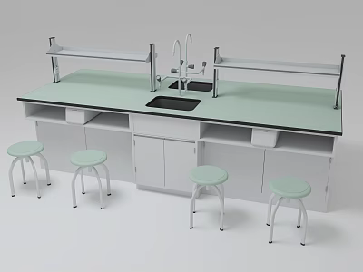 School Laboratory Workstation With Green Countertop Faucet Cabinets And Stools 3d model