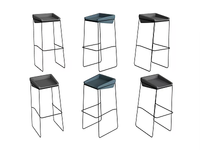 Six Modern Black And Blue Bar Stools With Metal Frame And Square Seats 3d model