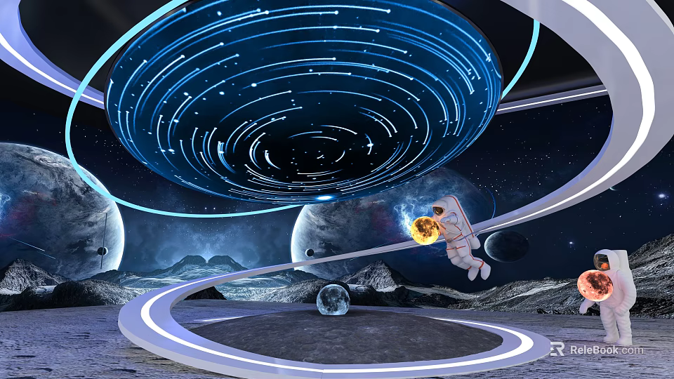 Astronaut Floating In Space Holding Glowing Sphere With Cosmic Rings And Planets 3d model 
