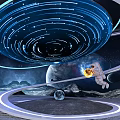 Astronaut Floating In Space Holding Glowing Sphere With Cosmic Rings And Planets