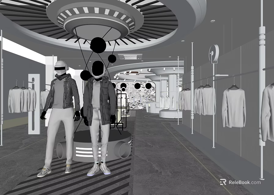 Modern Clothing Store Interior With Mannequins And Hanging Fashion Apparel 3d model 
