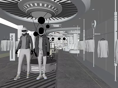 Modern Clothing Store Interior With Mannequins And Hanging Fashion Apparel 3d model