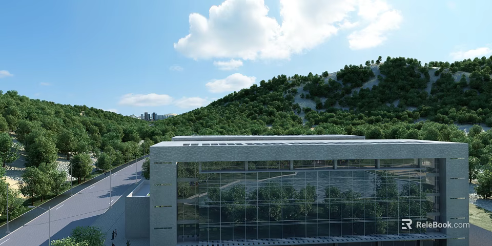 Bright Blue Sky With Fluffy White Clouds Over Lush Green Forested Hills Beside Modern Building 3d model 