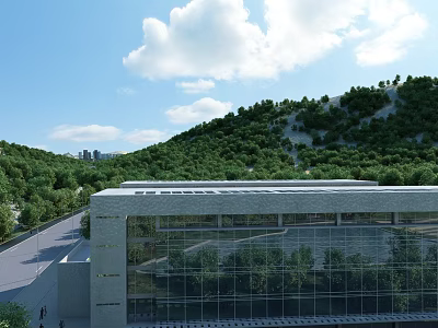 Bright Blue Sky With Fluffy White Clouds Over Lush Green Forested Hills Beside Modern Building 3d model