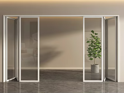 Modern Glass Folding Doors With Metal Frame In Bright Interior Space And Green Plant 3d model