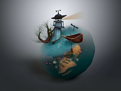 Small Wooden Boat On Calm Water Near Traditional Pagoda And Wooden Bridge 3d model