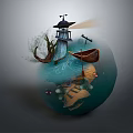Small Wooden Boat On Calm Water Near Traditional Pagoda And Wooden Bridge