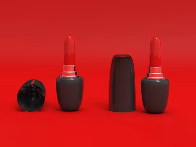 Three Cosmetic Lipsticks With Open And Closed Black Cases On Red Background 3d model