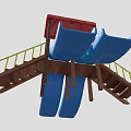Playground Equipment With Red Roof Wooden Structure Blue Double Slides And Yellow Railings