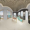 Jewelry Store Interior With Gold Patterned Ceiling Arched Windows Blue Display Cases And Round Showcase 3d model