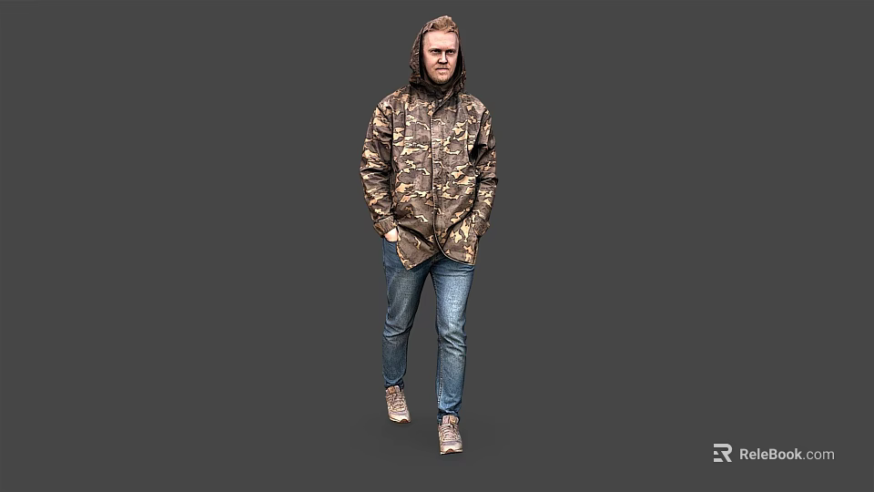 Man In Camouflage Jacket Blue Jeans Light Colored Shoes With Hands In Pockets Gray Background 3d model 