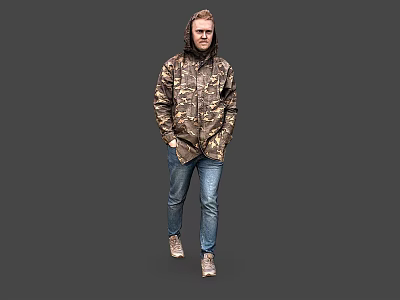 Man In Camouflage Jacket Blue Jeans Light Colored Shoes With Hands In Pockets Gray Background 3d model