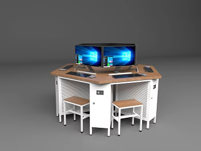 Octagonal Computer Workstation With Dual Monitors Wooden Top And White Cabinets Below Stools 3d model