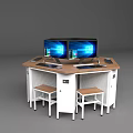 Octagonal Computer Workstation With Dual Monitors Wooden Top And White Cabinets Below Stools