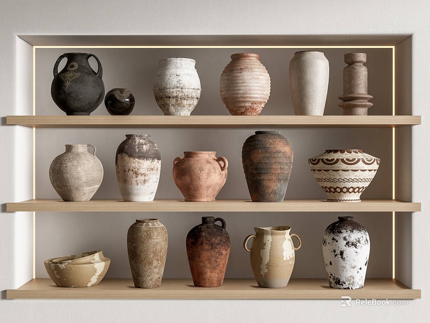 Decorative Ceramic Vessels with Various Styles Displayed on Tiered Shelves 3d model 