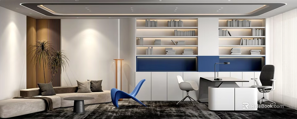 Modern Office Interior Design With Bookshelves Blue Chair White Desk And Sofa 3d model 