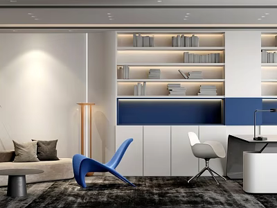Modern Office Interior Design With Bookshelves Blue Chair White Desk And Sofa 3d model