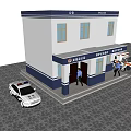 Two Story Police Station Building With Windows Police Officers Police Car And Motorcycle