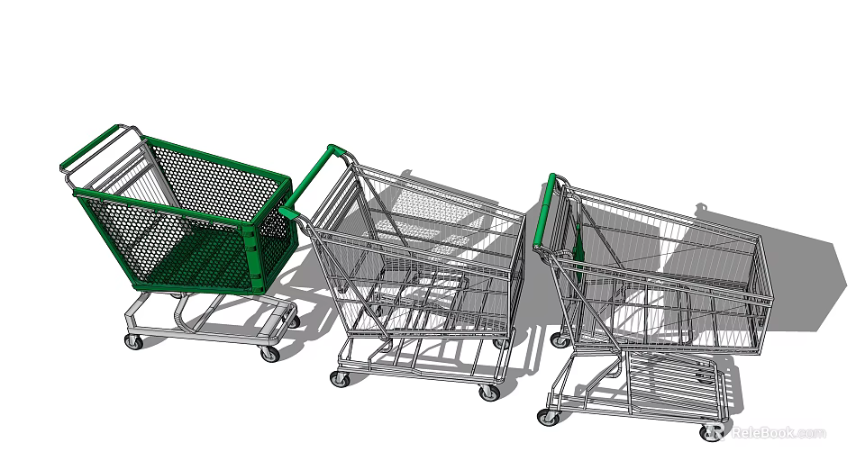 Public Shopping Carts Featuring Green And Silver Metal Design With Wheels 3d model 
