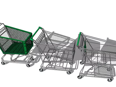 Public Shopping Carts Featuring Green And Silver Metal Design With Wheels 3d model