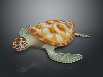 Reptile Sea Turtle With Orange And White Patterned Shell And Green Flippers 3d model