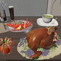 Assorted Food Platter Including Roast Turkey Crab Shrimp Soup Beer Vegetables And Fruits