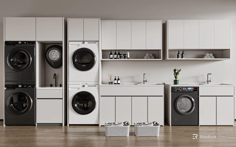Modern Bathroom Cabinet Rack With White Cabinets Washing Machines Sink And Laundry Baskets 3d model 