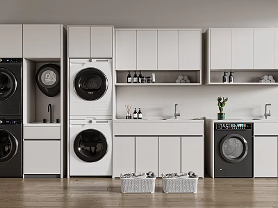 Modern Bathroom Cabinet Rack With White Cabinets Washing Machines Sink And Laundry Baskets 3d model