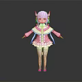 Cute Anime Style Game Movie Character with Purple White Hair Pink White Dress and Horns