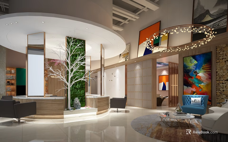 Modern Hotel Lobby Interior With Living Green Wall Wooden Reception Desk And Colorful Artwork 3d model 
