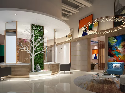 Modern Hotel Lobby Interior With Living Green Wall Wooden Reception Desk And Colorful Artwork 3d model