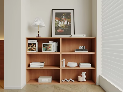 Modern Natural Wood Bookcase With Stacked Books Photo Frames Decor Items And Table Lamp 3d model