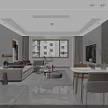 Minimalist Living and Dining Room With White Sofa Round Coffee Table Circular Chandelier Decorative Painting