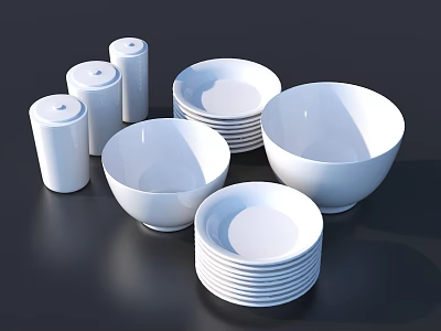 White Stackable Ceramic Dinnerware Set With Bowls Plates And Canisters 3d model