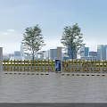 Industrial Factory Building Entrance Area With Yellow Barriers Trees City Skyline And Billboard